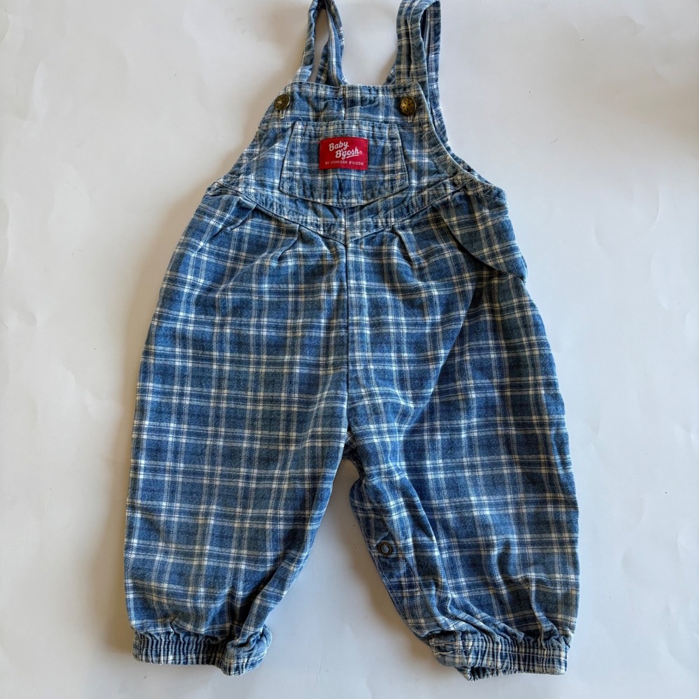 Vintage Baby OshKosh Bgosh Blue Plaid 100% Cotton Overalls 6-9M Paper Tag